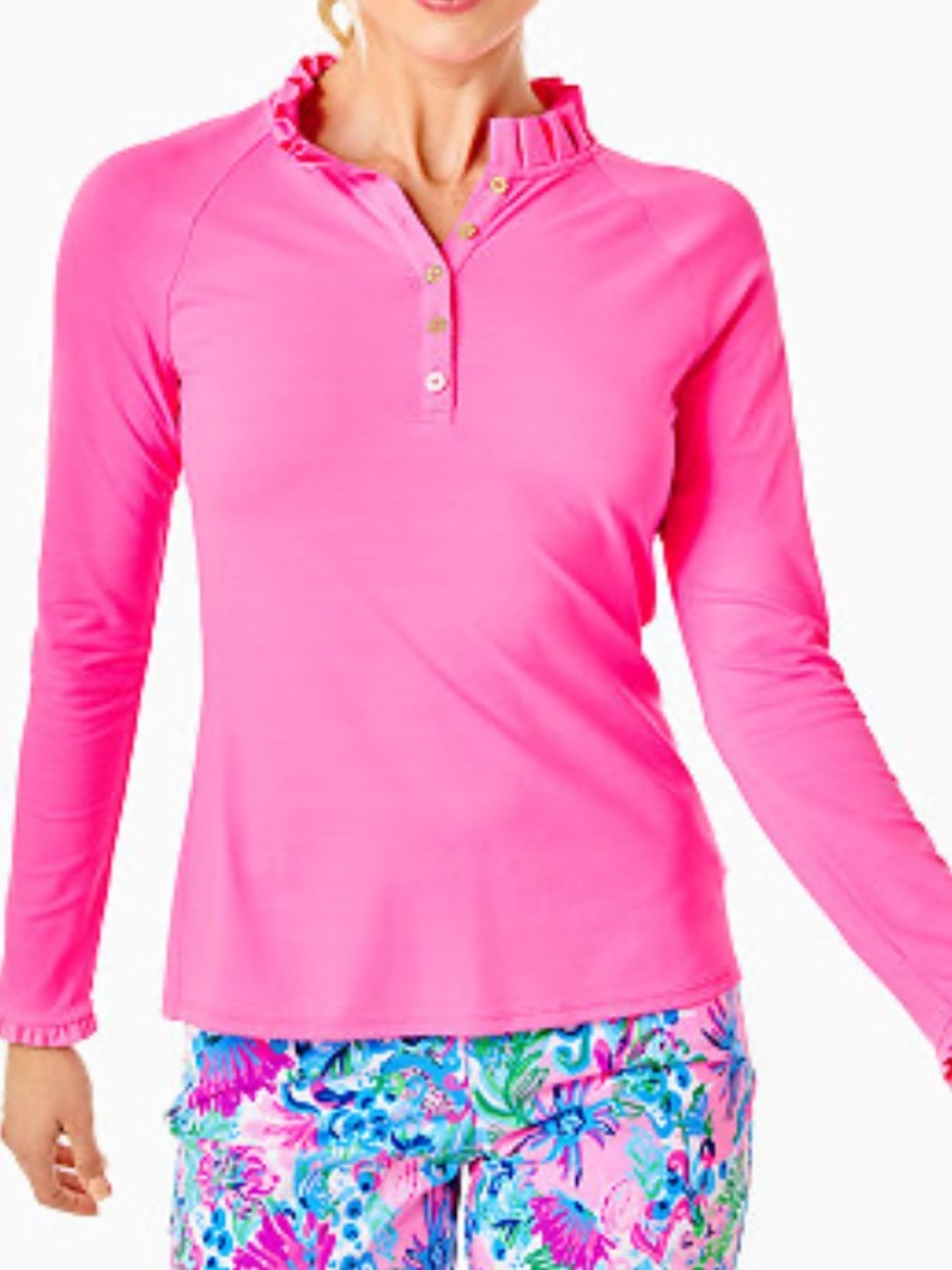 Lilly Pulitzer Ruffle Mock Neck Long Sleeve Top - Bright Pink